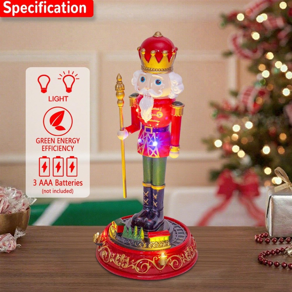 Christmas Nutcracker with Rotating Train Decoration - LED Light and Musical Nutcracker Figurine for Tabletop Display, Holiday Ornament for Home and Gifts, Battery Operated, 9.6 Inches Tall