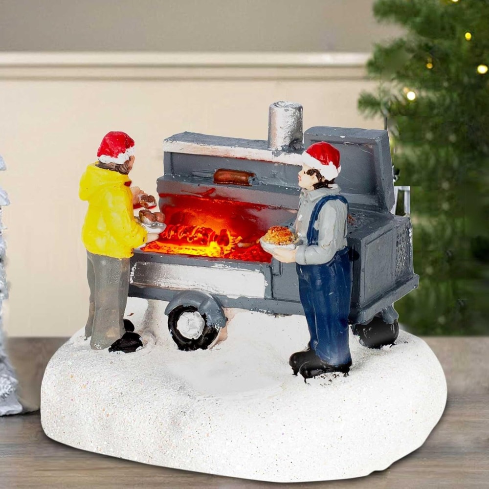 Wholesale innodept12 resin Christmas village accessory figurines featuring a detailed LED lighted grilling vendor scene.