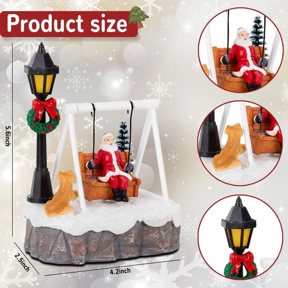 Christmas Village Accessories Figurines Decorations - Resin Swings Santa Clause Scene LED Light Tabletop Decor, Ideal for Christmas Village Collection