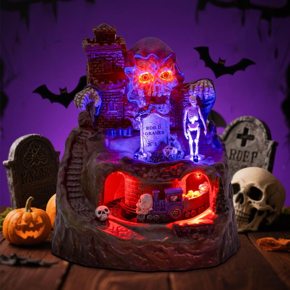 Wholesale Animated Halloween Ghost Village (MOQ 24) - Light-Up Haunted House with Rotating Skull Train & Spooky Voice By innodept12