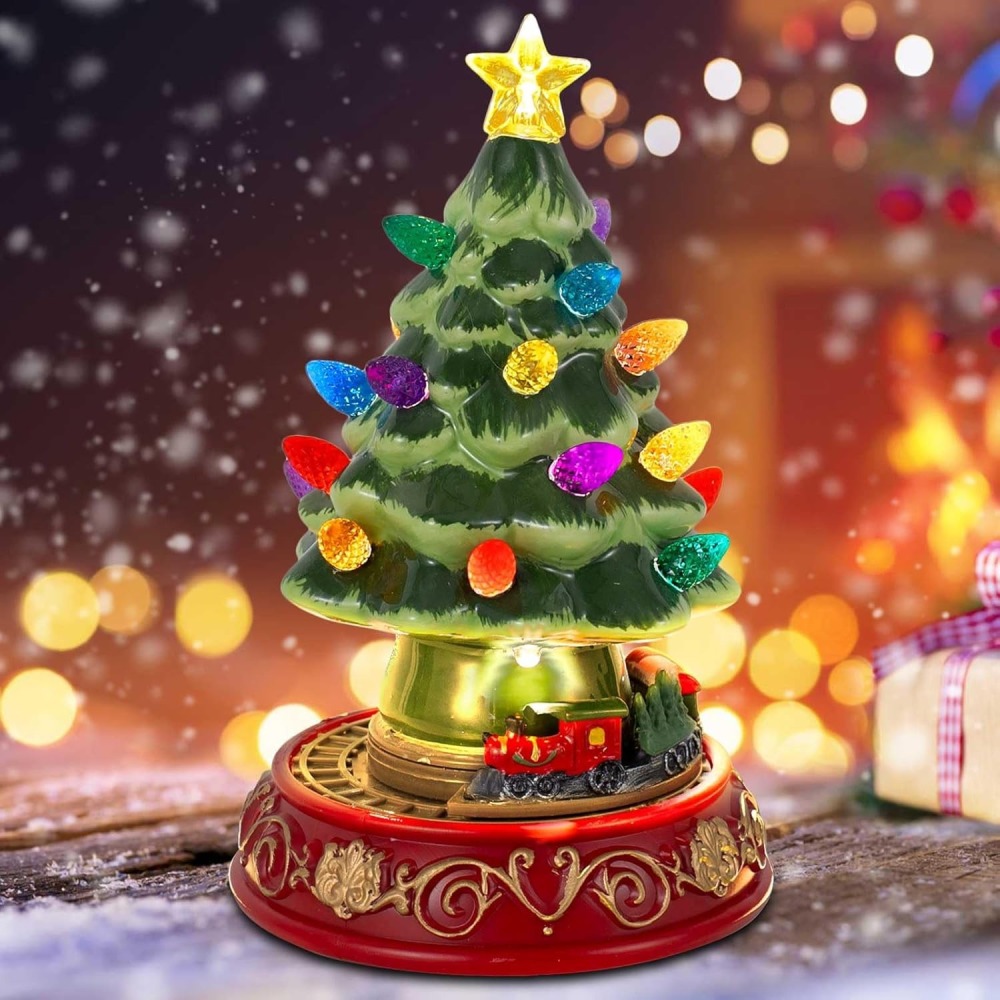 Lighted Christmas Tree with Rotating Train - Prelit Tabletop Ceramic Small Tree Decor Animated Christmas Train with Top Star & Bulbs for Best Xmas Decoration