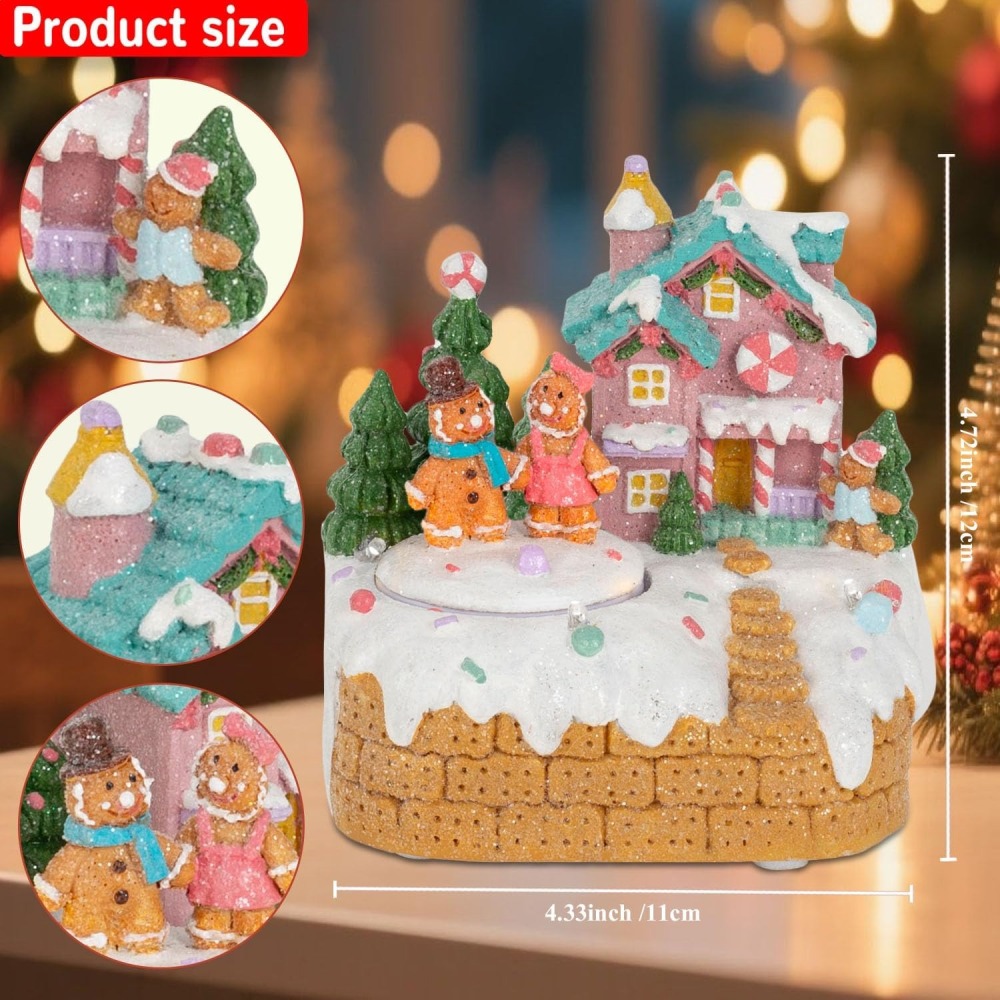 Animated Gingerbread House Christmas Decoration – Pre-Lit Musical Resin Village Figurine with Rotating Gingerbread Characters and LED Lights for Indoor Holiday Tabletop Display