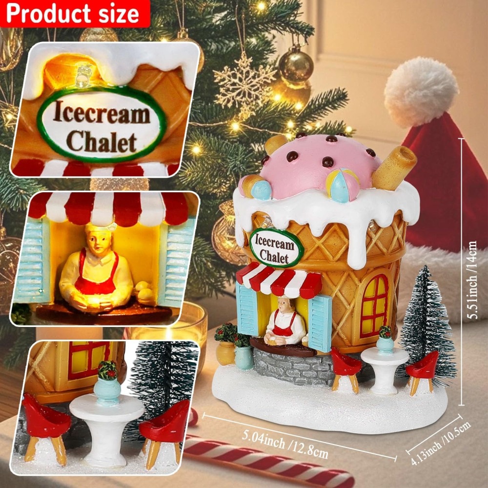 Light-Up Gingerbread Village House Christmas Decor – Ice Cream Chalet Collectible Shop Figurine for Indoor Holiday Home Decoration