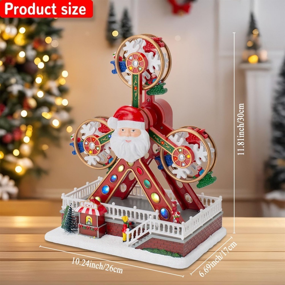 Animated Christmas Village Ferris Wheel with Santa Claus, Musical & LED Lighted Carnival Top Speed Desires Holiday Decor, USB or Battery Operated Christmas Decoration, 11.8 inches Indoor Use Only