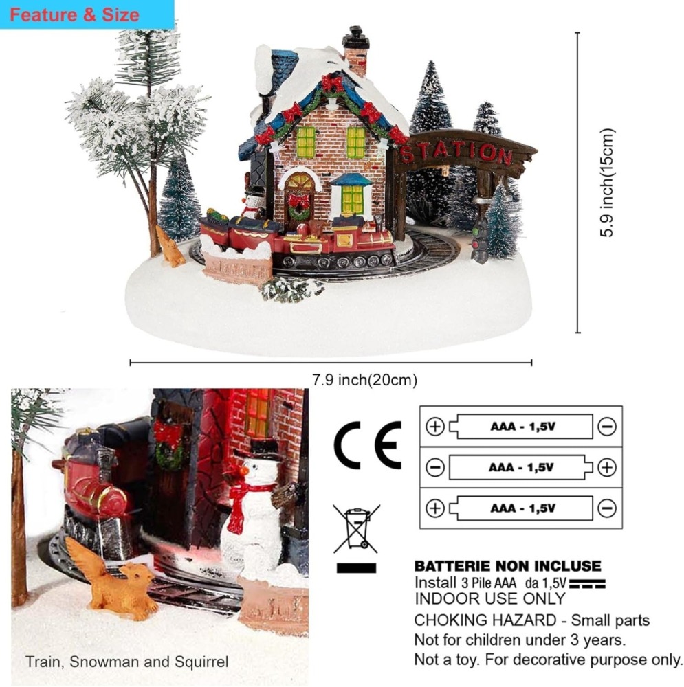 Christmas Lane Animated Snow Village - Santas Wonderland House with Moving Train with Music Update