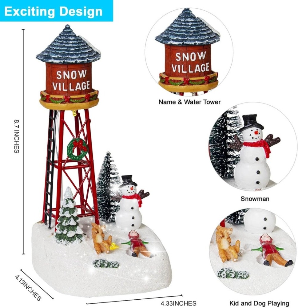Christmas Snow Village Accessories Figurines - Holiday Time Snow Village Kid Playing with Dog Scene Light Up Water Tower Collectible