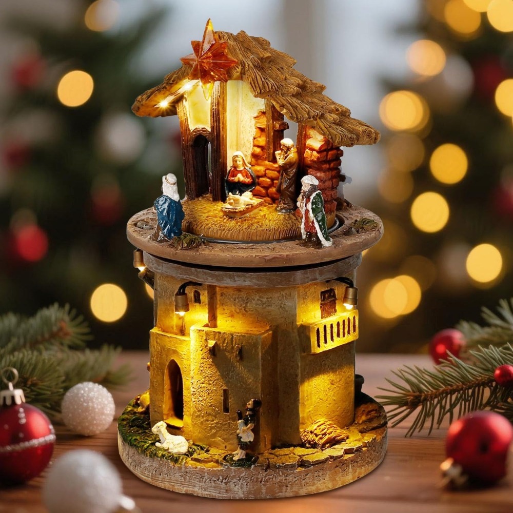 Wholesale innodept12 rotating nativity manger tower with LED lights and detailed religious village figures.