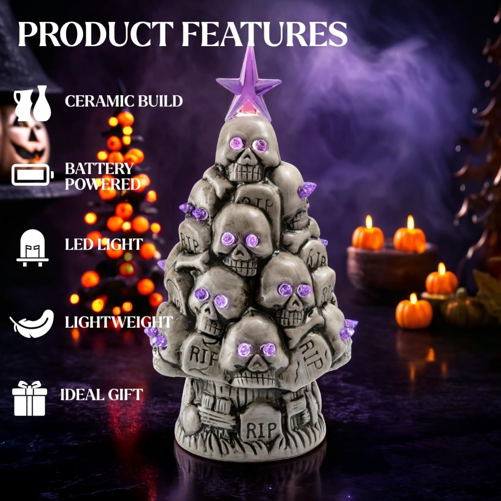 Ceramic Light-up Skull Halloween Tree - Spooky Hand Painted Creepy Ceramic RIP Tombstone Tree, Battery Operated Halloween Gothic Skeleton Tree Tabletop Decor, 9.8 inches