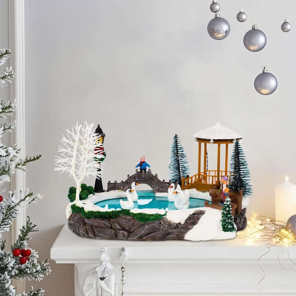 Animated Christmas Village Scene and Swan Pond - Winter Ice Scene with Moving Swan Figurines – Lighted Music Holiday Indoor Decor for Tabletop or Mantel Display
