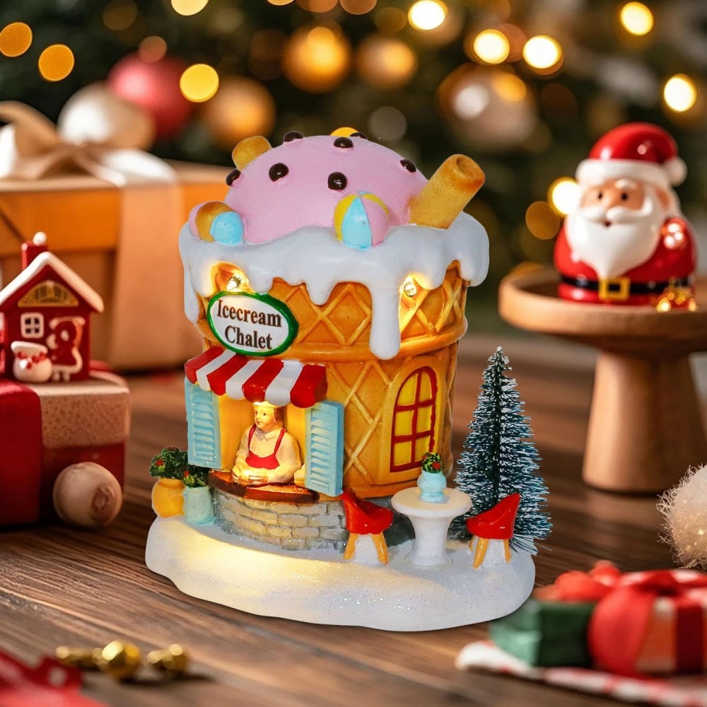 Light-Up Gingerbread Village House Christmas Decor – Ice Cream Chalet Collectible Shop Figurine for Indoor Holiday Home Decoration