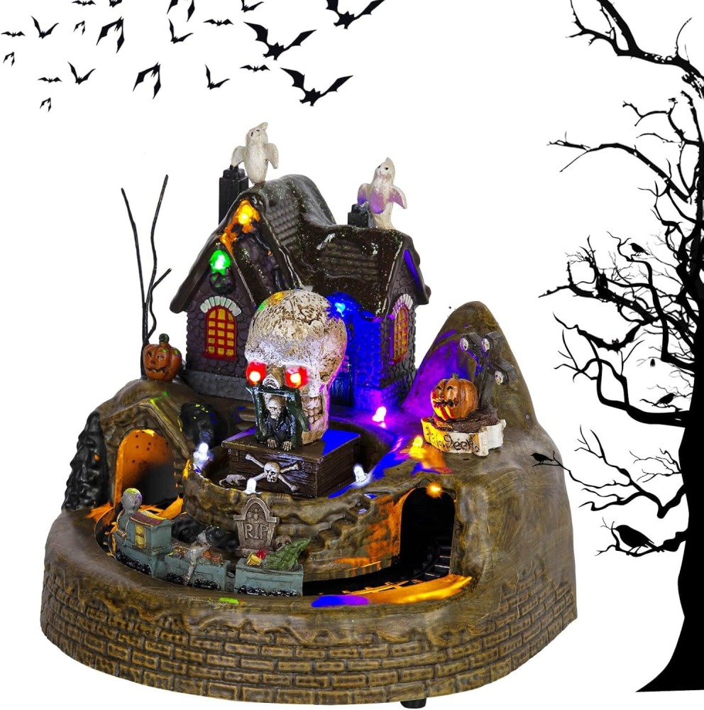 Animated Halloween Train Village Set with Ghosts, Skeletons, Spooky House, LED Lights, 7.67 Inches, Multicolor
