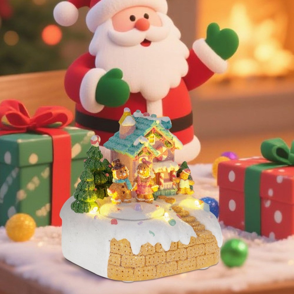 Animated Gingerbread House Christmas Decoration – Pre-Lit Musical Resin Village Figurine with Rotating Gingerbread Characters and LED Lights for Indoor Holiday Tabletop Display
