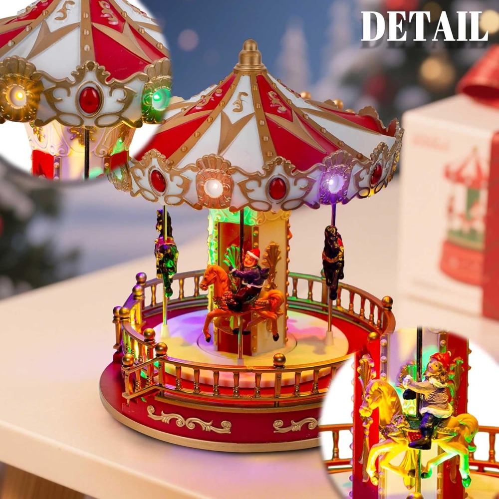 Animated Christmas Carousel with Musical LED-Light – Battery Operated Holiday Tabletop Decoration, Collectible Figurine Merry-Go-Round for Indoor Village Display (Christmas Carousel Horse)
