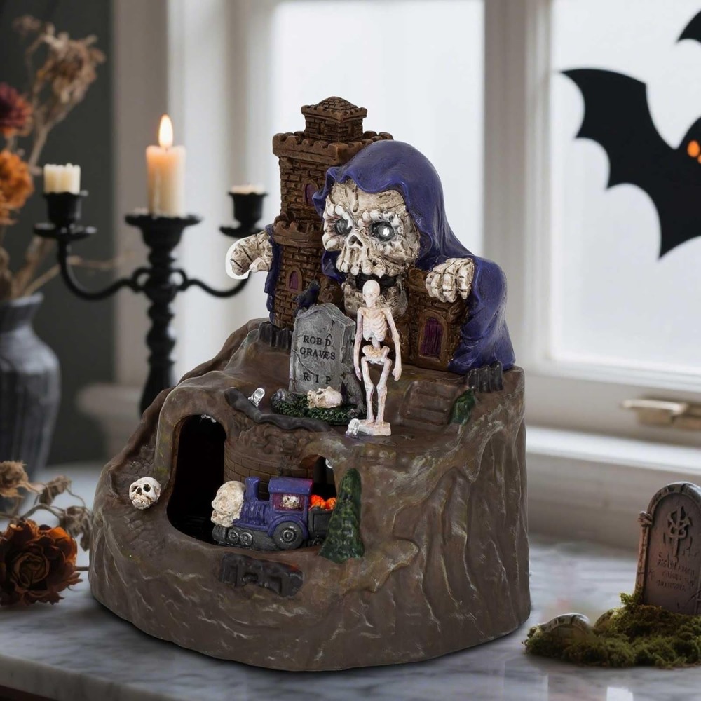 Animated Halloween Small Village House - Moving Train and Skull Ghosts Tombstones Figurines with Pre-Lit Spooky Voice, Battery Operated, Not Including