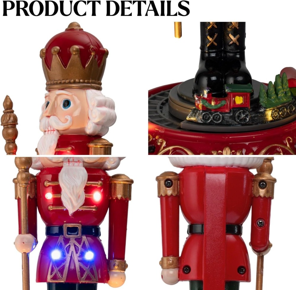 Christmas Nutcracker with Rotating Train Decoration - LED Light and Musical Nutcracker Figurine for Tabletop Display, Holiday Ornament for Home and Gifts, Battery Operated, 9.6 Inches Tall