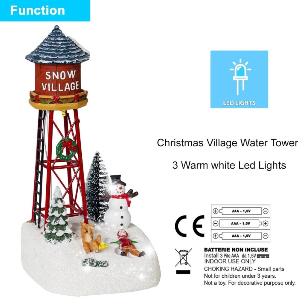 Christmas Snow Village Accessories Figurines - Holiday Time Snow Village Kid Playing with Dog Scene Light Up Water Tower Collectible