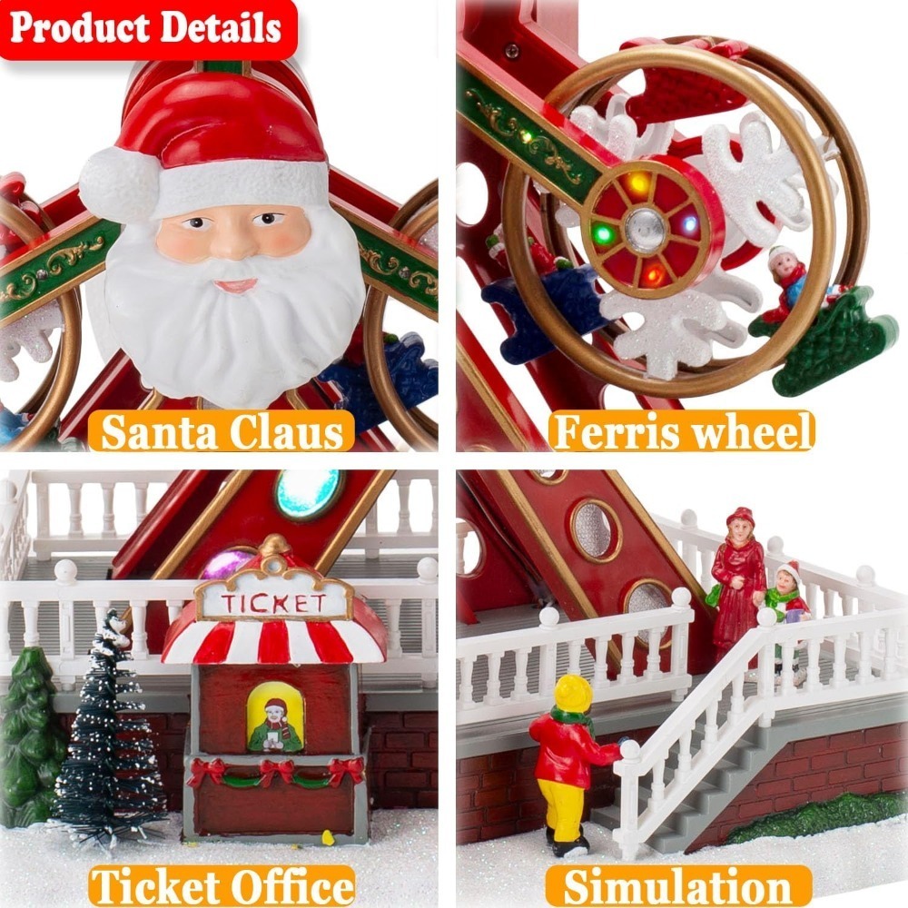 Animated Christmas Village Ferris Wheel with Santa Claus, Musical & LED Lighted Carnival Top Speed Desires Holiday Decor, USB or Battery Operated Christmas Decoration, 11.8 inches Indoor Use Only