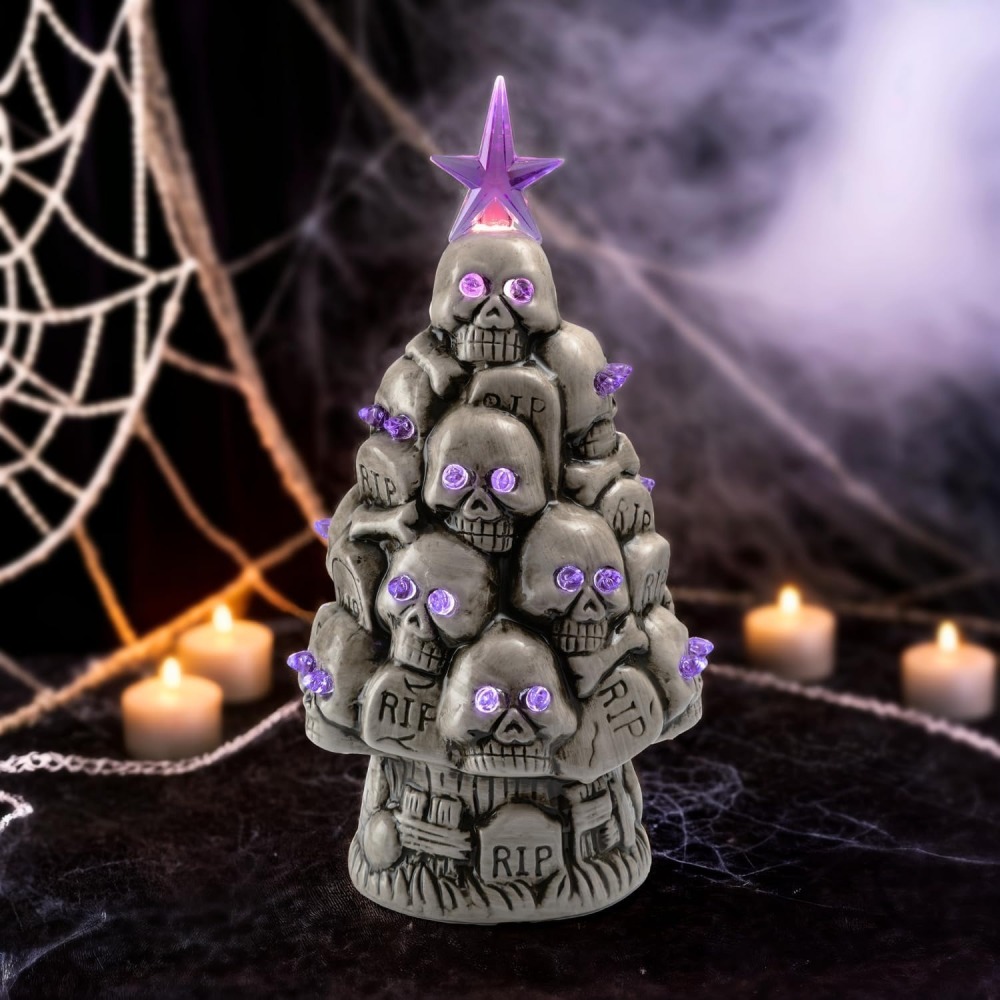 Ceramic Light-up Skull Halloween Tree - Spooky Hand Painted Creepy Ceramic RIP Tombstone Tree, Battery Operated Halloween Gothic Skeleton Tree Tabletop Decor, 9.8 inches