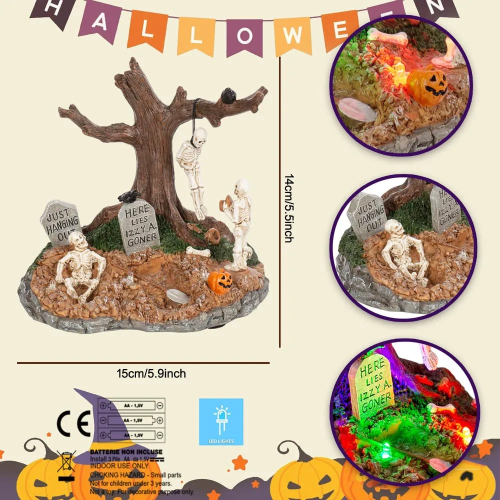 Compact Halloween Graveyard Decor Dimensions (15×14cm) - Battery Operated LED Skeleton Scene