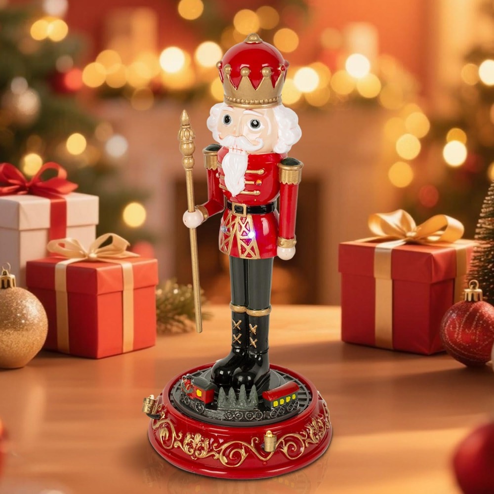 Christmas Nutcracker with Rotating Train Decoration - LED Light and Musical Nutcracker Figurine for Tabletop Display, Holiday Ornament for Home and Gifts, Battery Operated, 9.6 Inches Tall