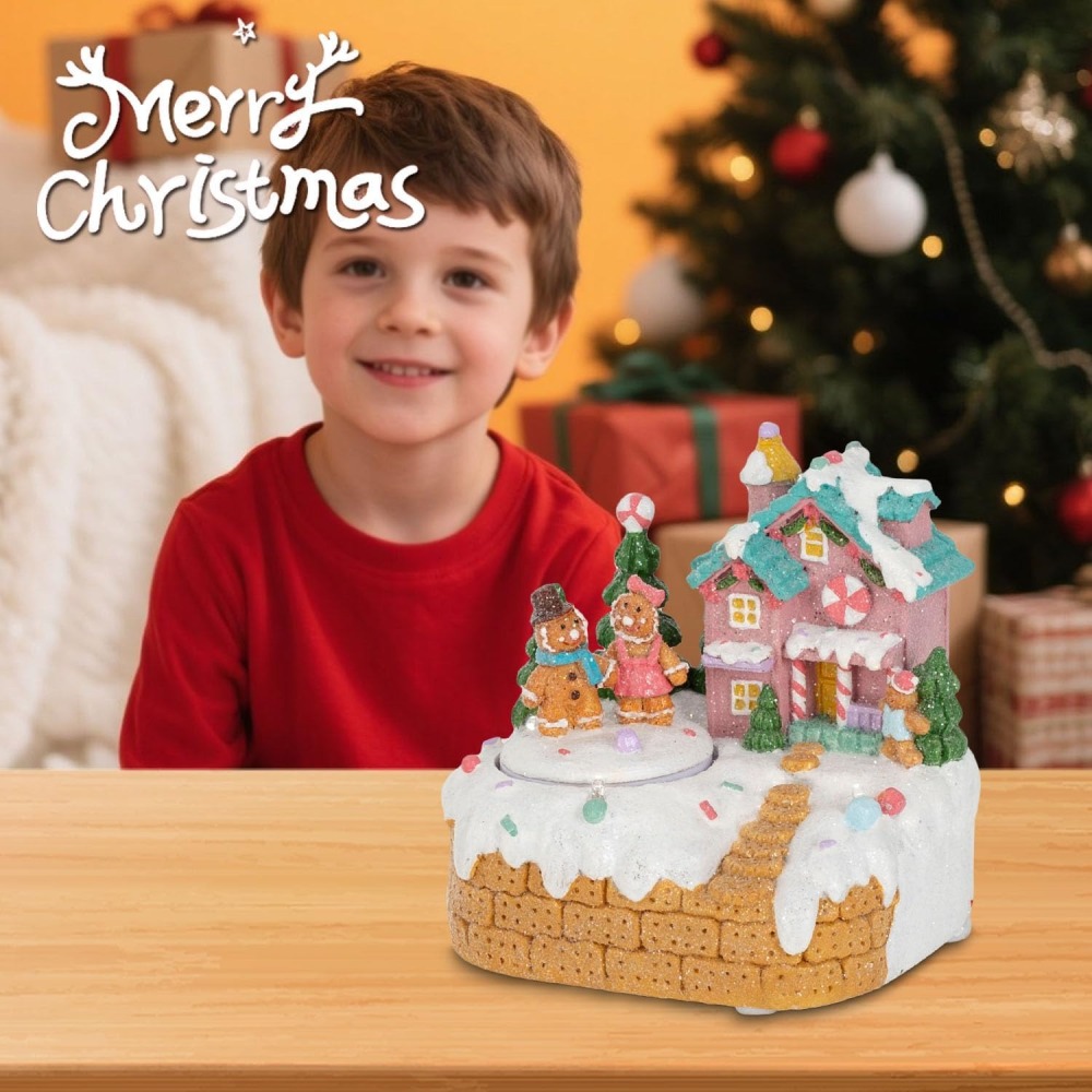 Animated Gingerbread House Christmas Decoration – Pre-Lit Musical Resin Village Figurine with Rotating Gingerbread Characters and LED Lights for Indoor Holiday Tabletop Display