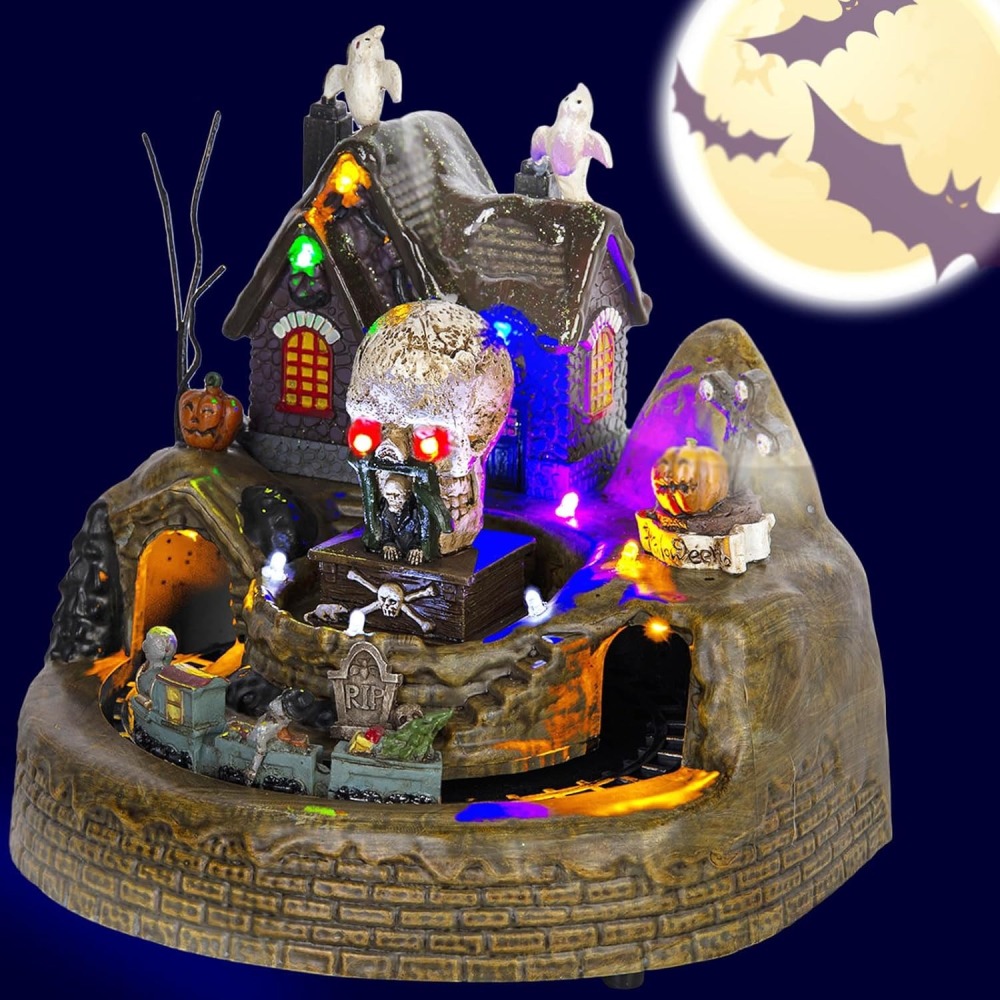 Animated Halloween Train Village Set with Ghosts, Skeletons, Spooky House, LED Lights, 7.67 Inches, Multicolor