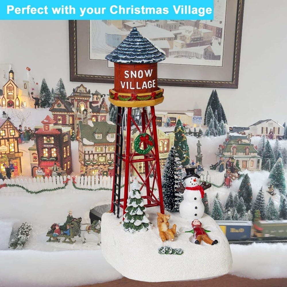 Christmas Snow Village Accessories Figurines - Holiday Time Snow Village Kid Playing with Dog Scene Light Up Water Tower Collectible
