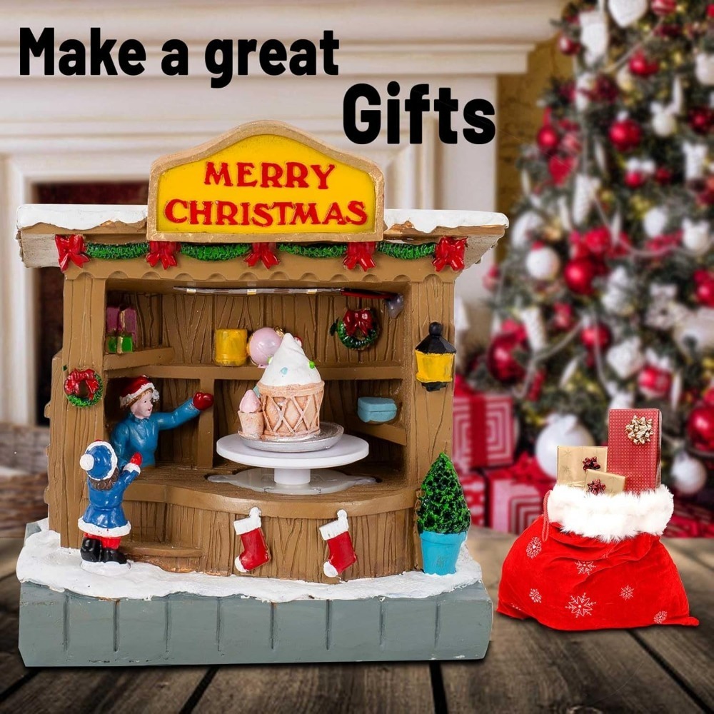 innodept12 Animated Christmas Village Accessories Decor with Music and LED Lights - Bring Festive Cheer to Your Home with Our Icecream Shop, Battery Operated