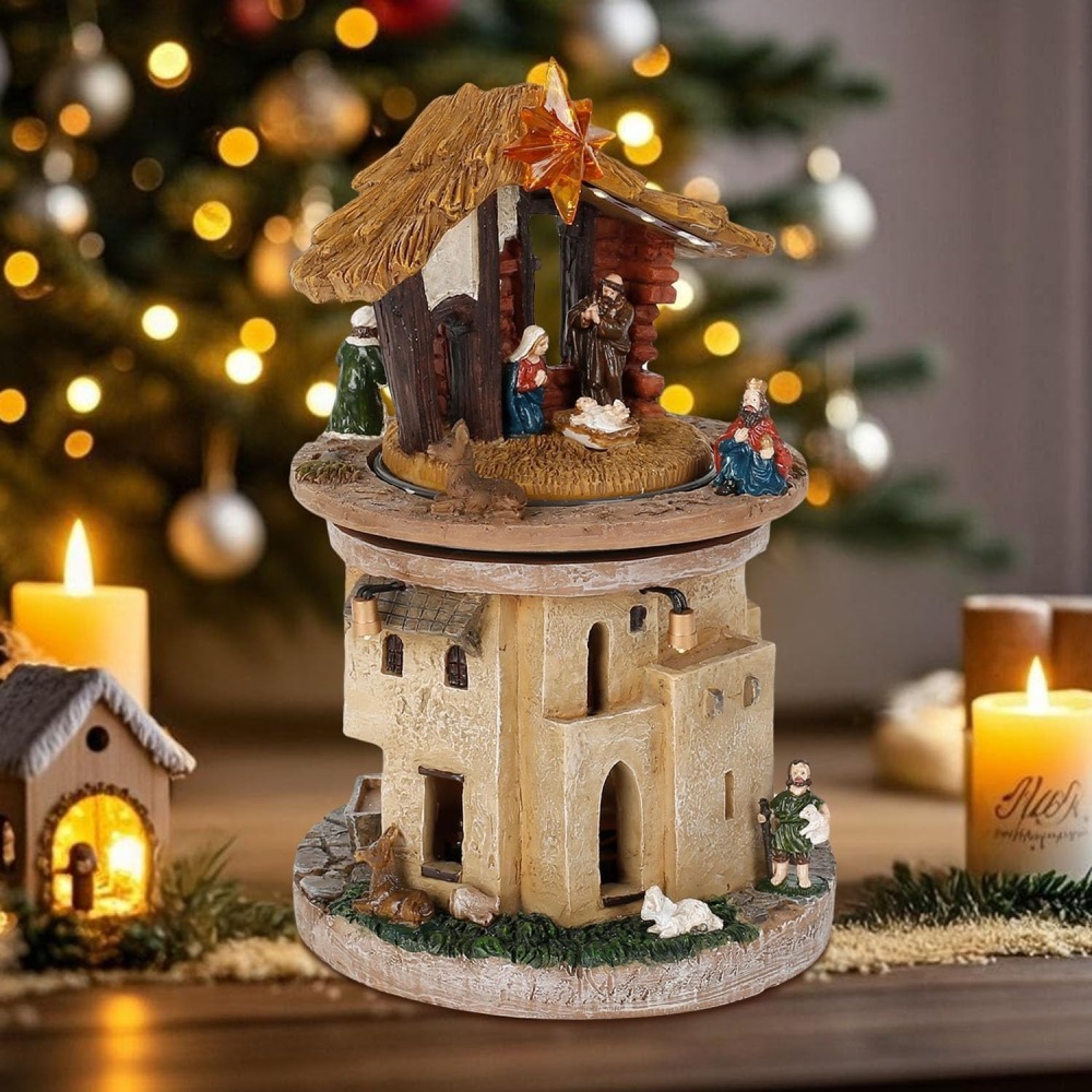 Lighted Christmas Rotating Nativity Scene – Holy Family Collectible with LED and Religious, Animated Manger Figurines – Battery Operated Christmas Decoration (Tower Nativity)