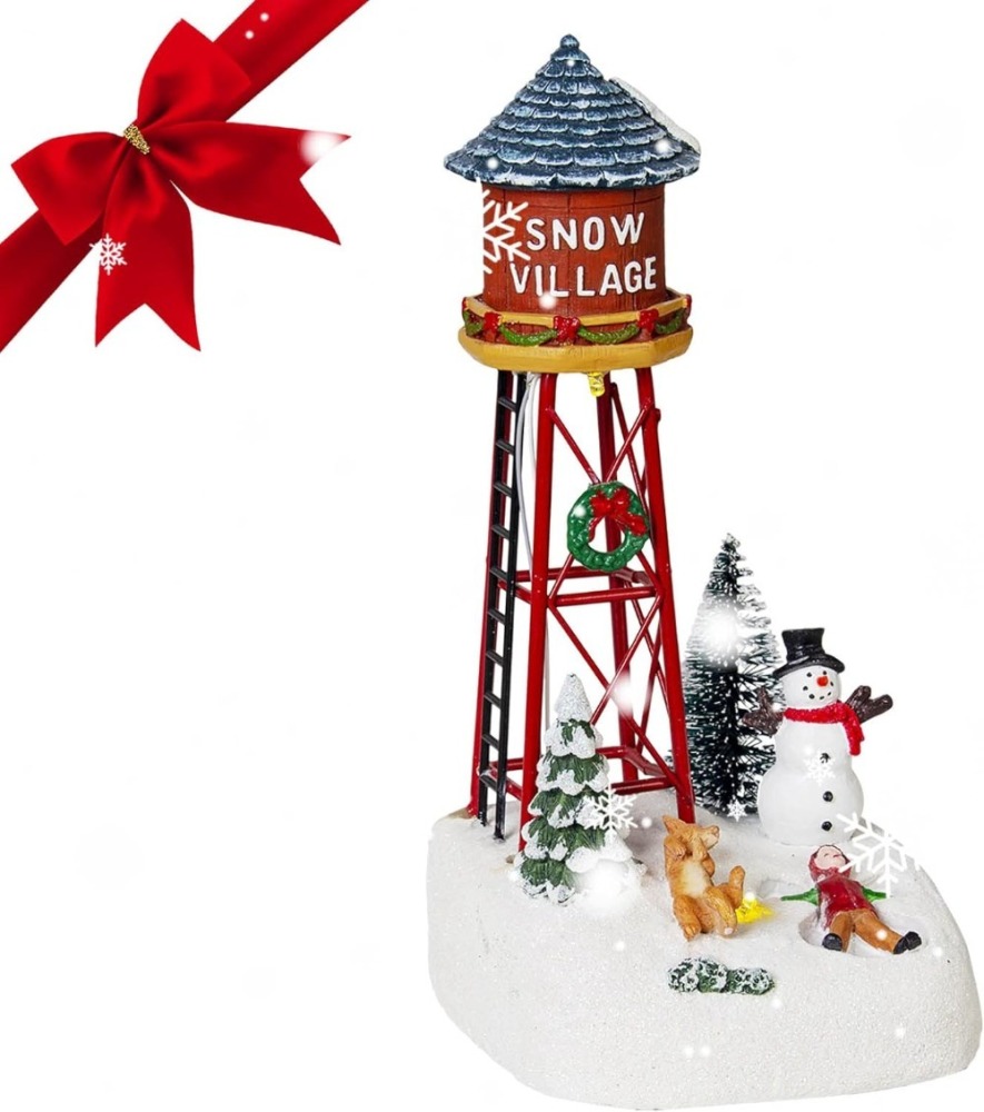 Christmas Snow Village Accessories Figurines - Holiday Time Snow Village Kid Playing with Dog Scene Light Up Water Tower Collectible