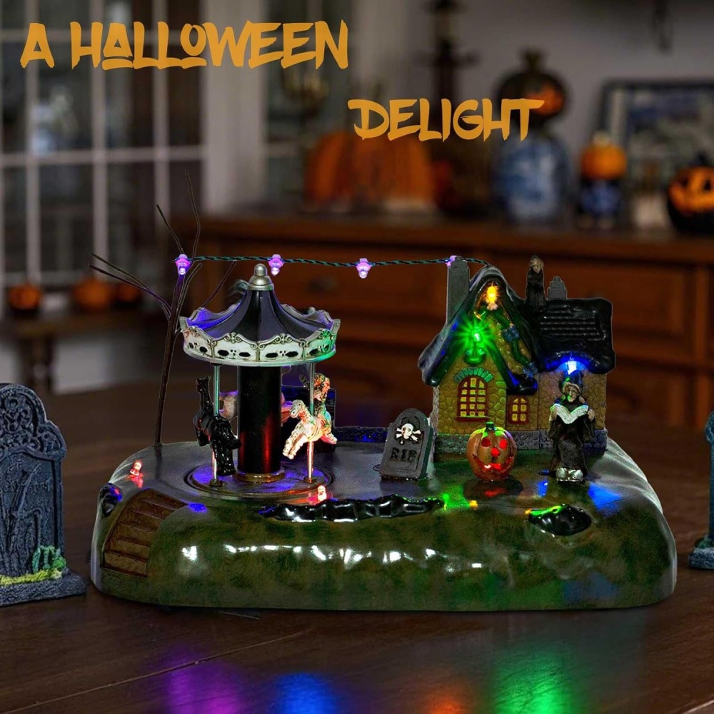 Animated Halloween Carousel Village House, LED Spooky Festival Display Collection Battery Operate, Indoor Use only