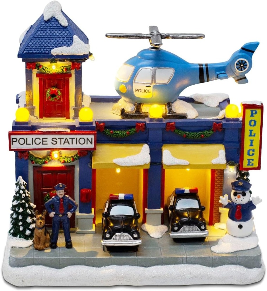 Christmas Animated Train Station Tabletop Décor – Lighted Building with Clock, Music, LED Lights, Moving Train – Christmas Village Indoor Display (Police Station)