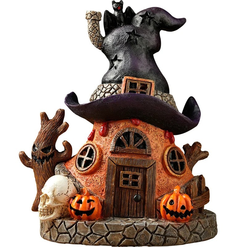 Halloween Witch Hat House Decoration with LED Lights, Pumpkin & Skull Figurines, Haunted Tree, Spooky Tabletop Holiday Ornament