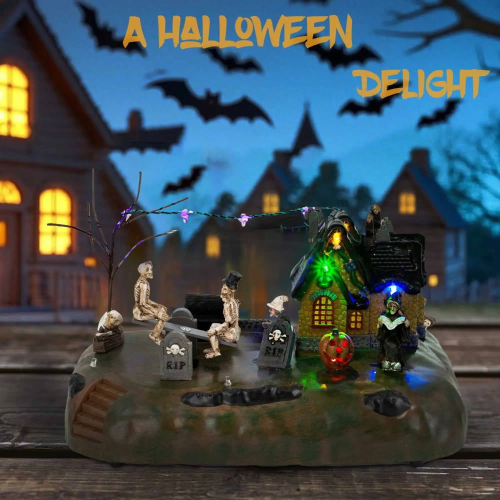 Halloween Village House Decoration with Rip Tombstones See-Saw and LED Light Terror Laughter Scary Collectible Building Holiday