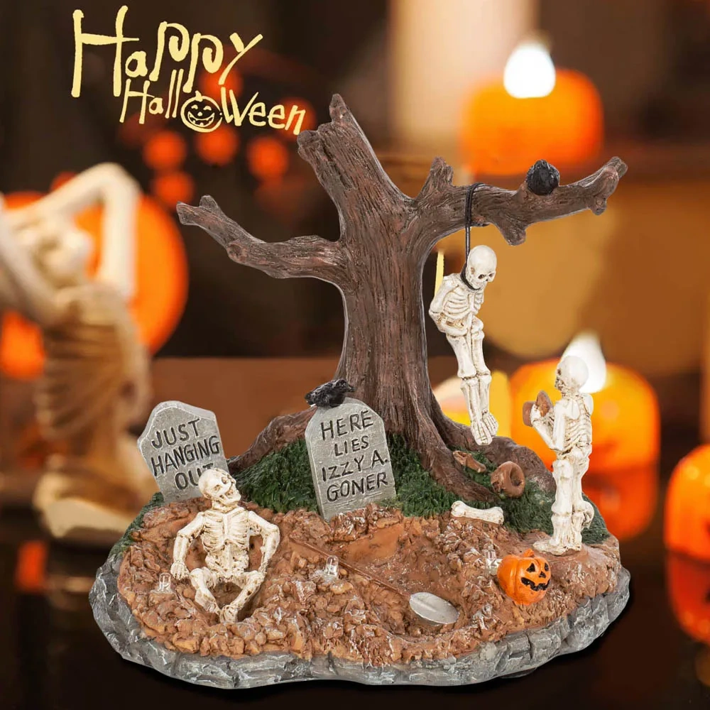Halloween Spooky Village Towne Accessories Graveyard Halloween Burying Skeleton and Hanging up Figurines Collection Table Piece
