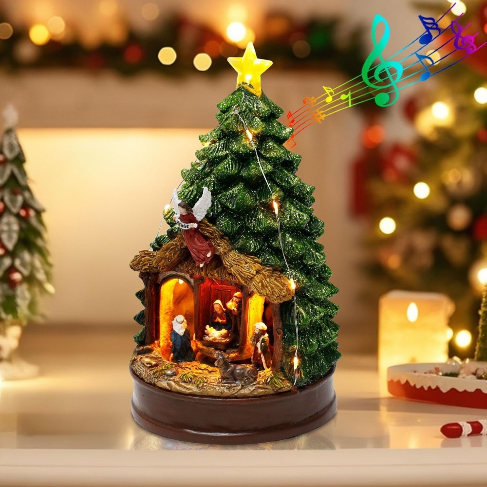 Lighted Christmas Tree Nativity Scene Figurines – Music and Animated Holiday Decoration with Angel, Star & Manger – Collectible Tabletop Scene, 9.84" Tall