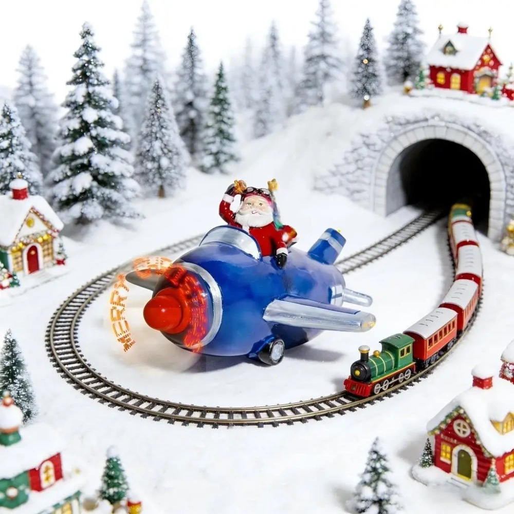 Light up Merry Christmas Plane Resin Decoration Airplane Santa Claus Figurine Christmas Village Home Tabletop Decor Collectible