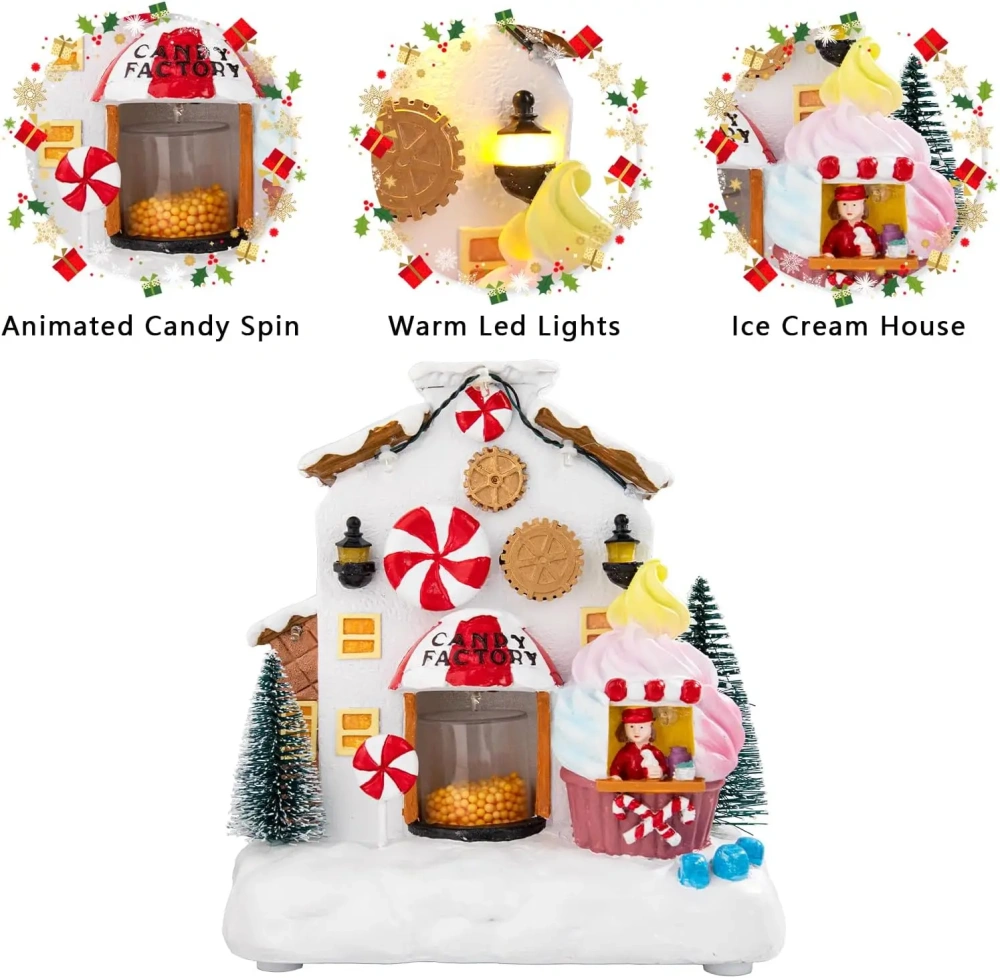 Christmas Village Gingerbread House Warm LED Lights Up Candy Factory Battery Operate Figurine Building Christmas Home Decoration