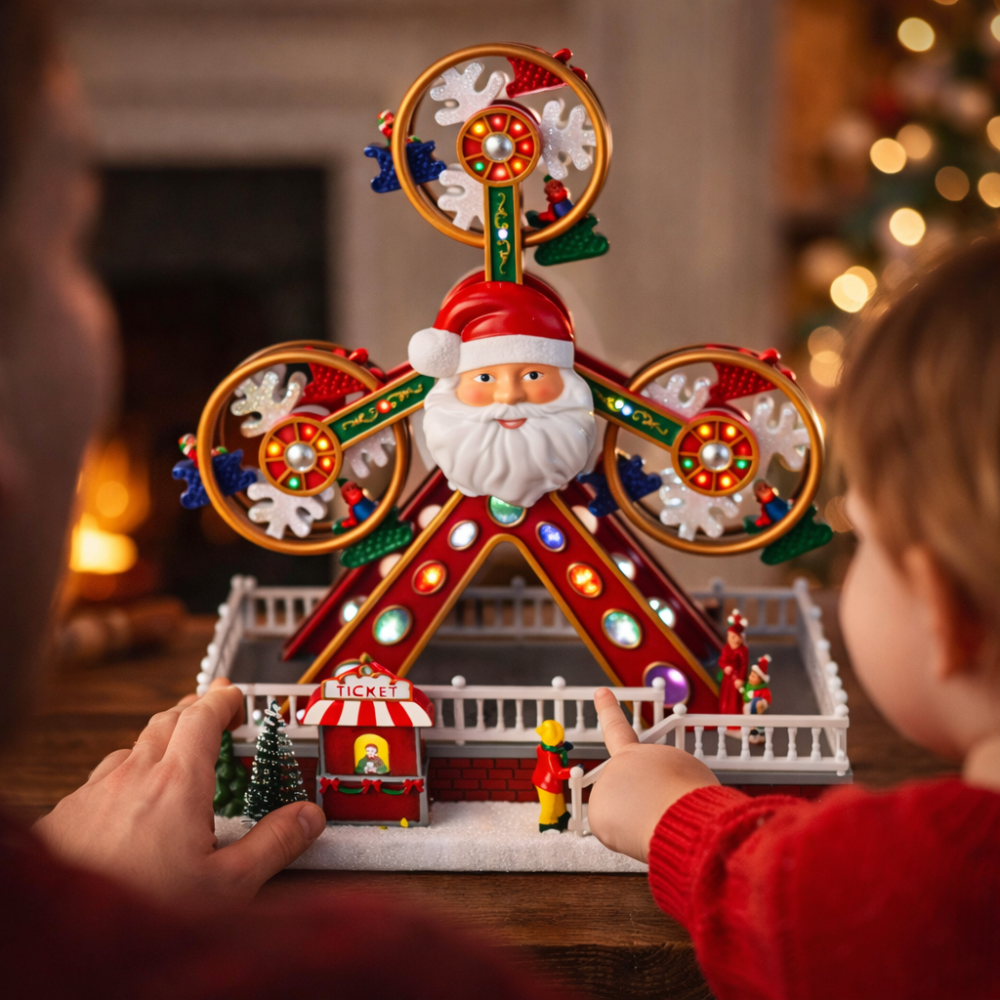 Wholesale Animated Christmas Village Ferris Wheel with Santa Claus, Musical & LED Lighted Carnival Top Speed Desires Holiday Decor, USB or Battery Operated Christmas Decoration, 11.8 inches Indoor Use Only