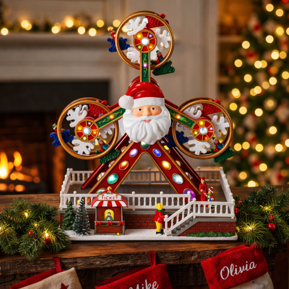 Animated Christmas Village Ferris Wheel with Santa Claus, Musical & LED Lighted Carnival Top Speed Desires Holiday Decor, USB or Battery Operated Christmas Decoration, 11.8 inches Indoor Use Only