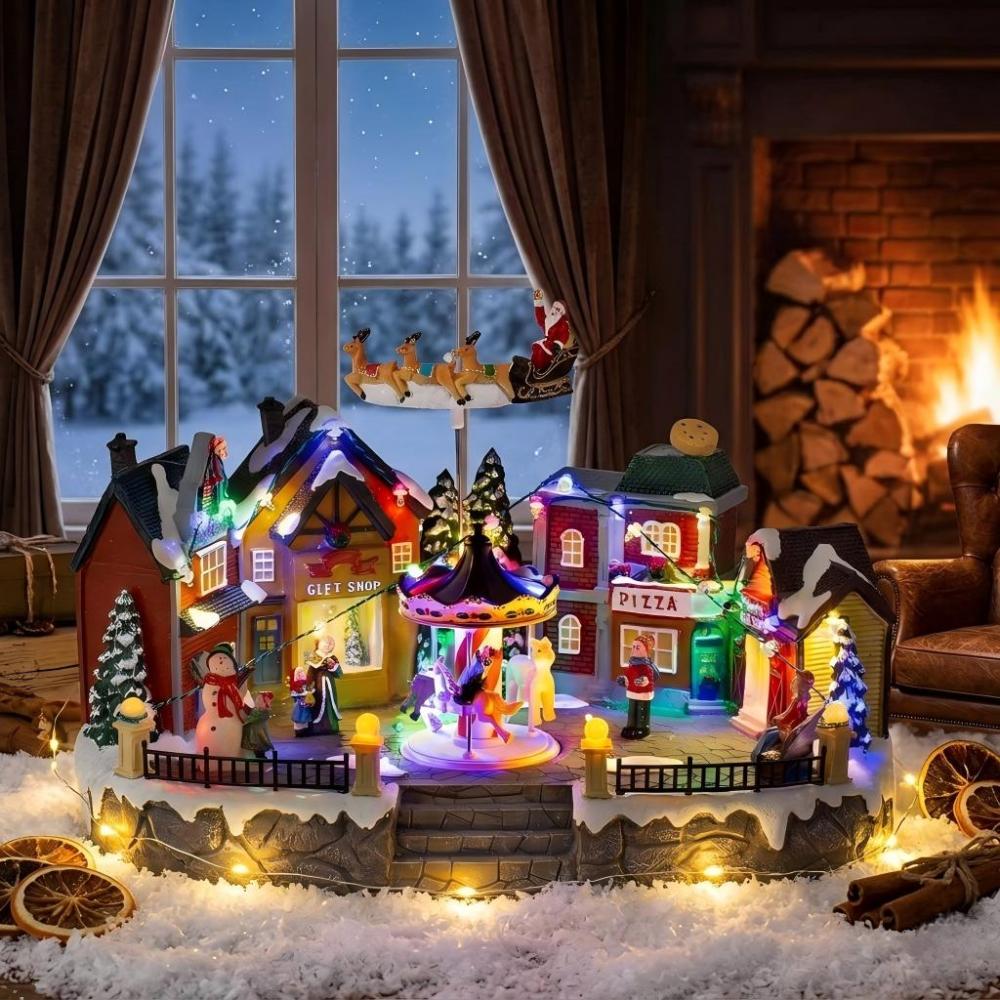 Illuminated Christmas village diorama with a carousel and figures on a retro toy chest.