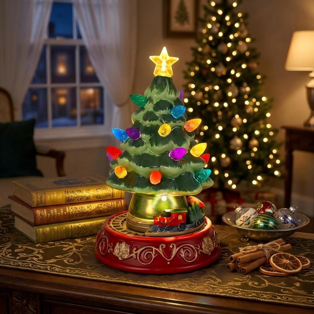 Illuminated vintage ceramic Christmas tree with a moving train, on a cozy retro parlor table.