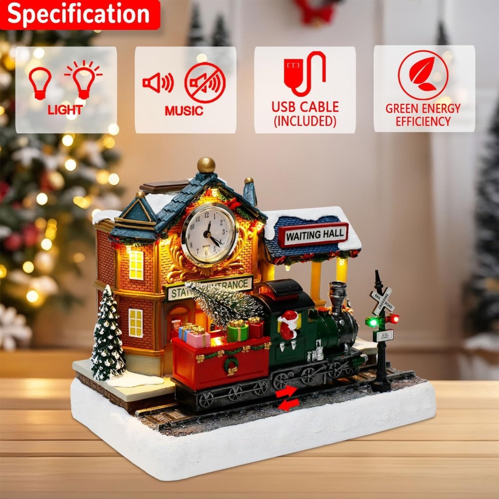 Christmas Animated Train Station Tabletop Décor – Lighted Building with Clock, Music, LED Lights, Moving Train – Christmas Village Indoor Display