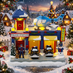 Christmas Village Animated Police Station with Rotating Helicopter & LED Lights, Unique Hero Holiday Gift | innodept12