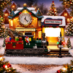 Christmas Village Animated Train Station with Working Clock & LED Lights, Nostalgic Holiday Tabletop Gift | innodept12