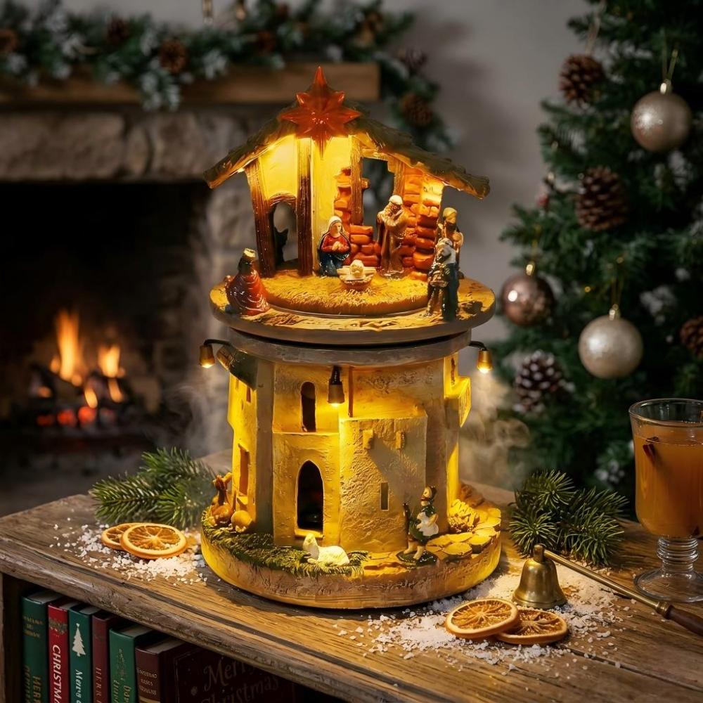 Christmas Nativity Scene Rotating Tower with LED Warm Lights | innodept12