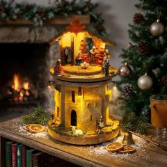 Christmas Nativity Scene Rotating Tower, Religious Holiday Decor with LED Warm Lights & Star of Bethlehem | innodept12