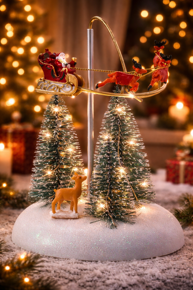 innodept12 wholesale: Animated Christmas Sleigh Village Figurine (MOQ 48) - Pre-Lit Musical Santa & 8 Reindeer Display