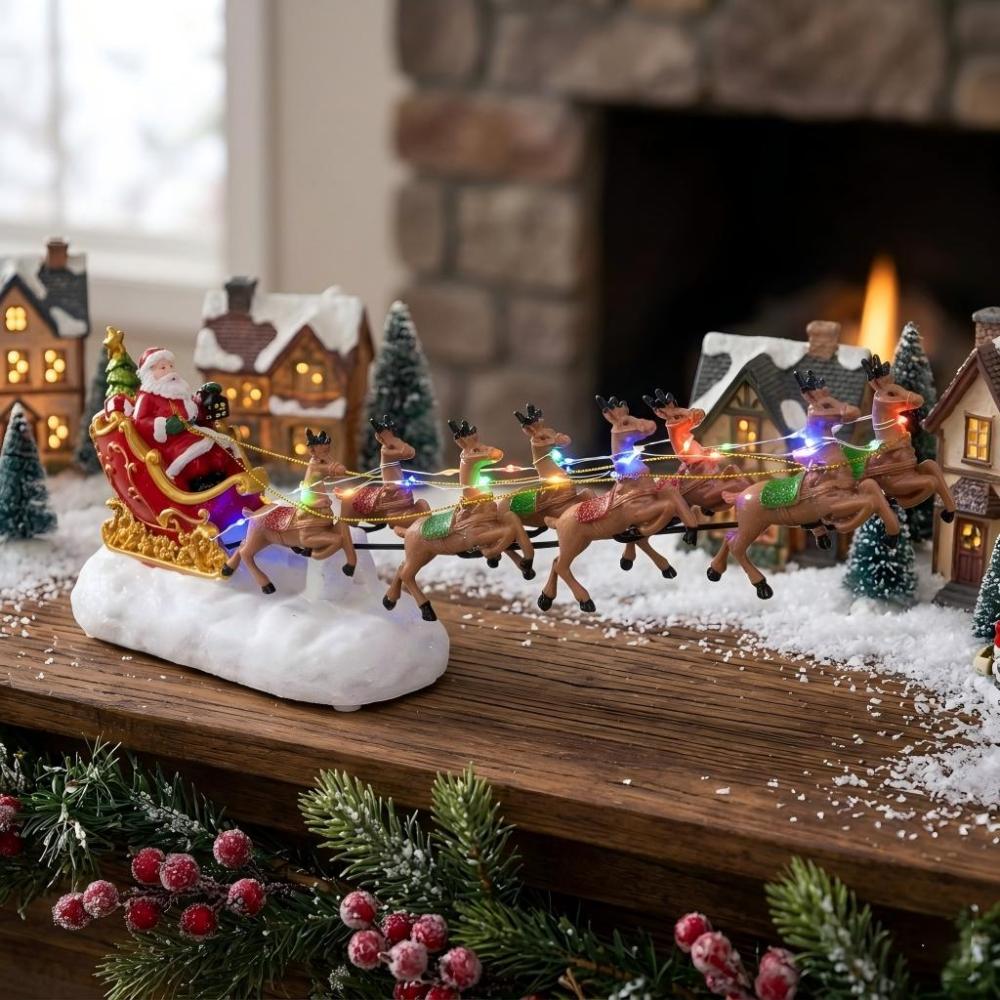 Wholesale innodept12 musical LED lighted Santa sleigh and 8 reindeers figurine for Christmas village tabletop display.