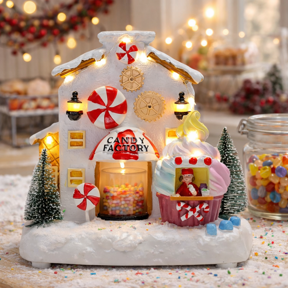 Lighted Christmas Candy Factory village with colorful spinners on a rustic festive counter.